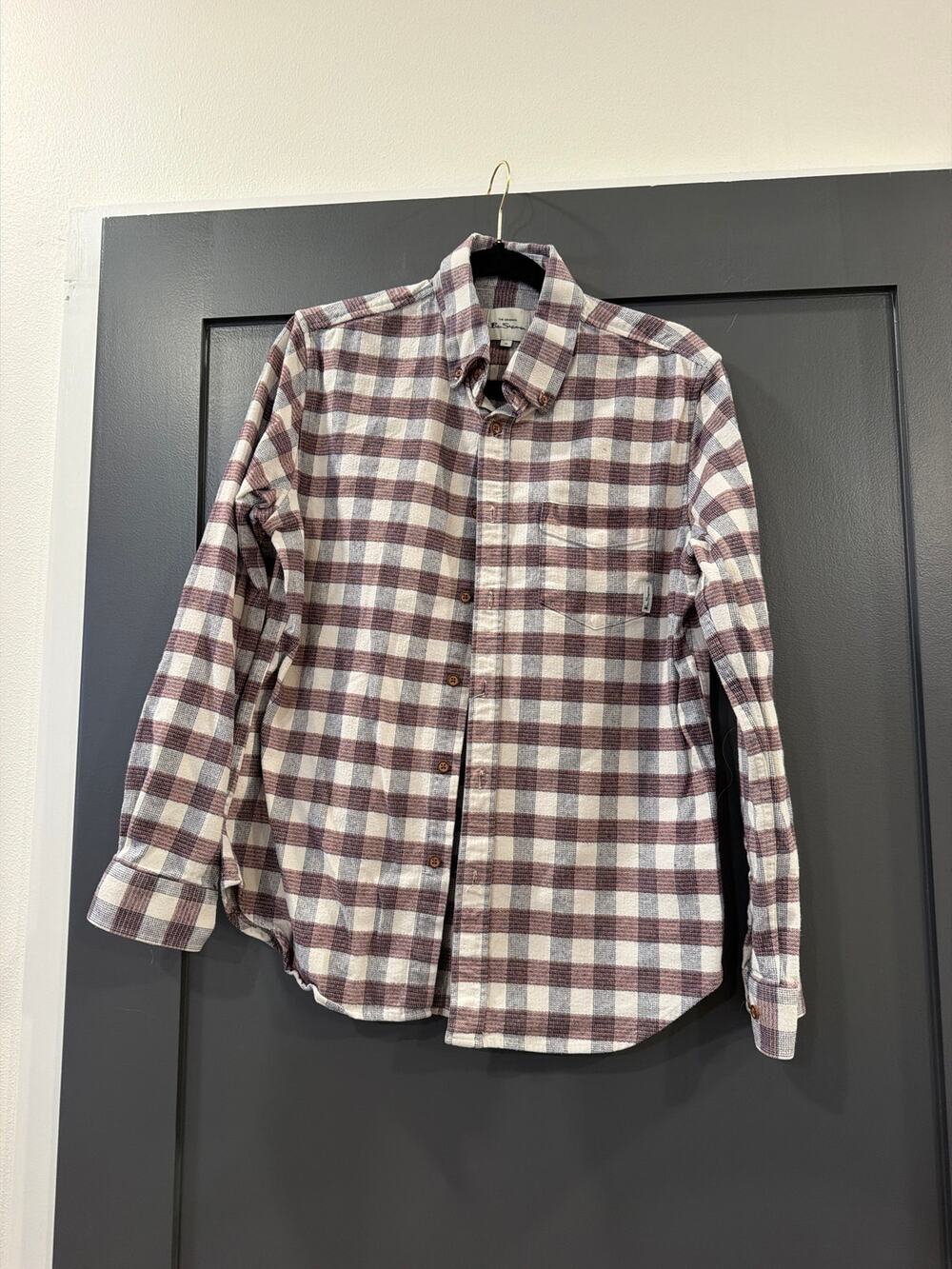 Ben Sherman Flannel Shirt Men’s M White/Blue/Brown Plaid Long Sleeve